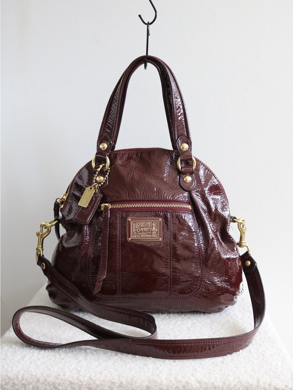 Vintage Coach Poppy Patent Leather Domed 2 Way Satchel Maroon Gold Hardware